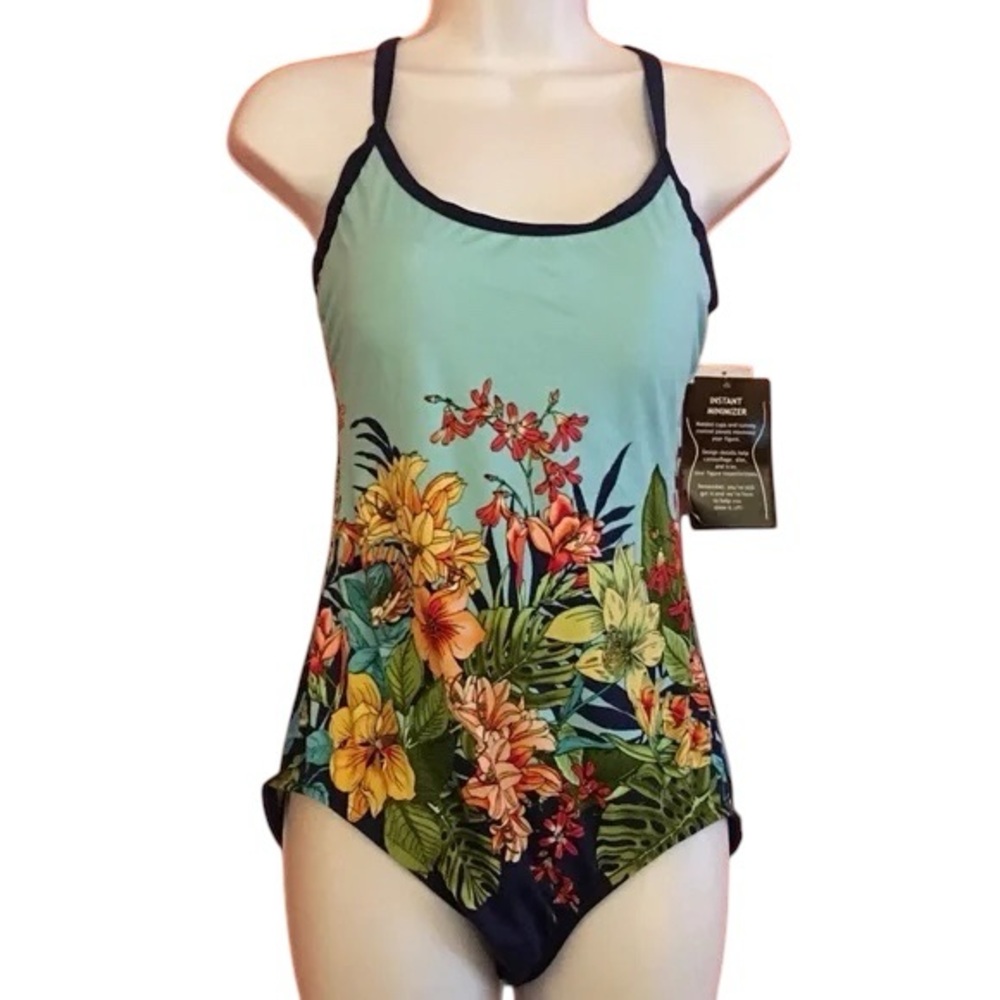 NWT Maxine of Hollywood Tropical Floral One Piece Swimsuit Size 10 Tummy Control